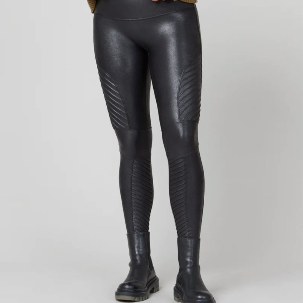 SPANX Womens Moto Faux Leather Leggings Size M Black Shaping Pants Regular Ankle